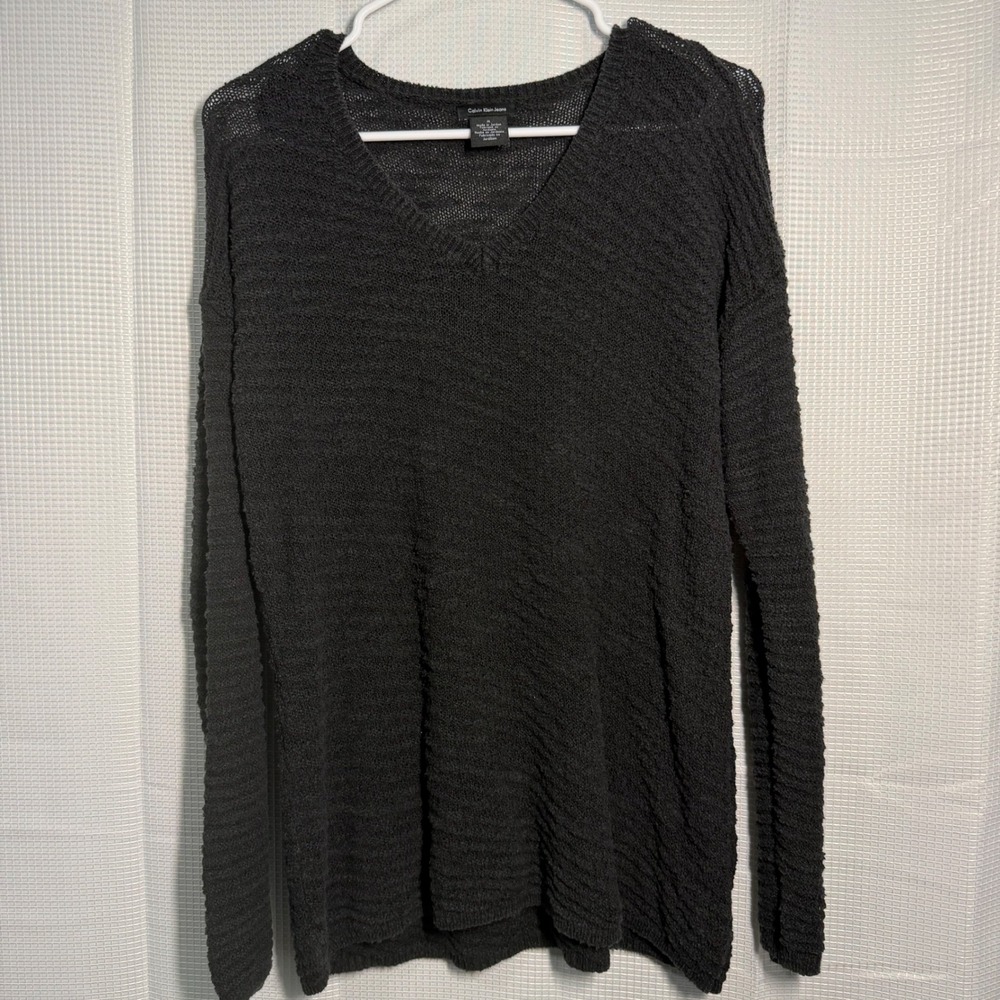 Calvin Klein‎ Jeans Black Textured Knit V Neck Sweater Womens Medium